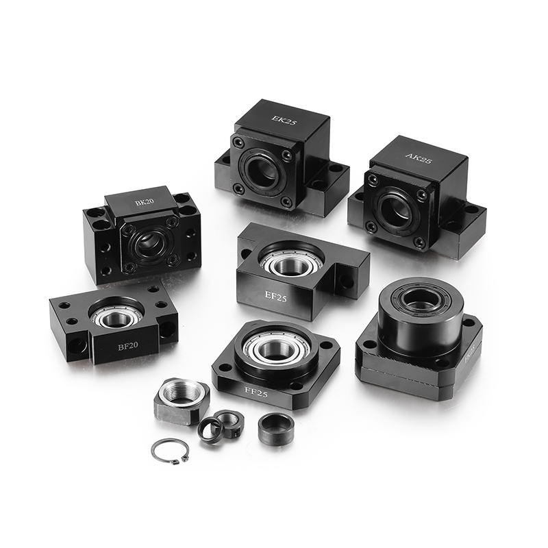 Assorted ball screw brackets and accessories with bearing blocks, lock nuts and retaining rings, suitable for linear motion systems, OEM machinery and bulk industrial supply.