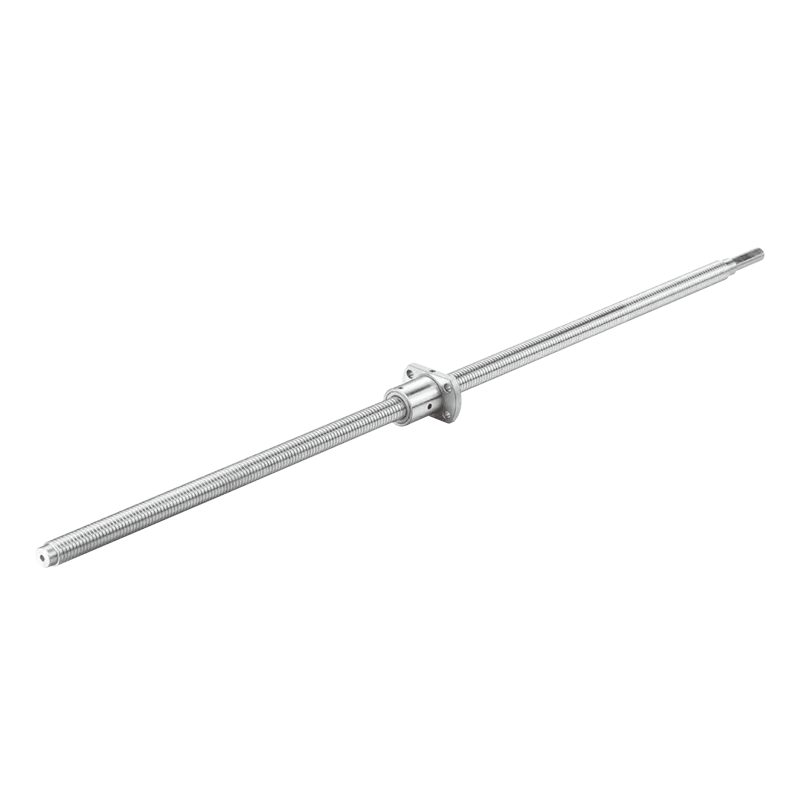 Miniature ball screw assembly featuring a compact flanged ball nut and precision threaded shaft for space-saving linear motion applications.