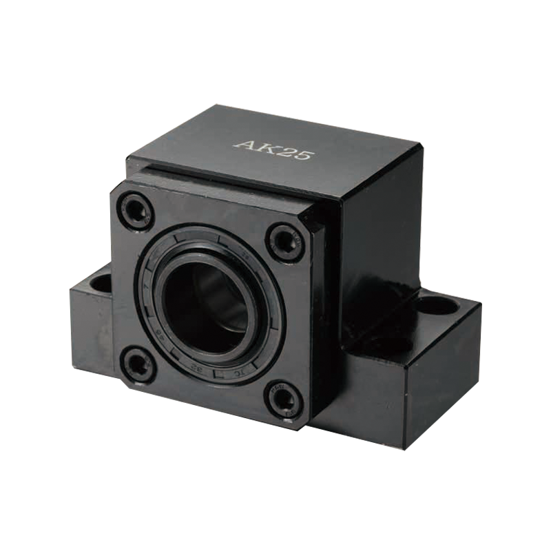 AK25 AK series ball screw support bracket with fixed side bearing support, mounting holes and black coated housing for industrial linear motion systems.