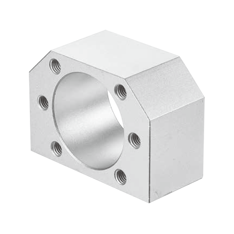 Ball screw nut housing for linear guide modules, used to connect ball screw nuts with sliding tables in automation and motion control systems.