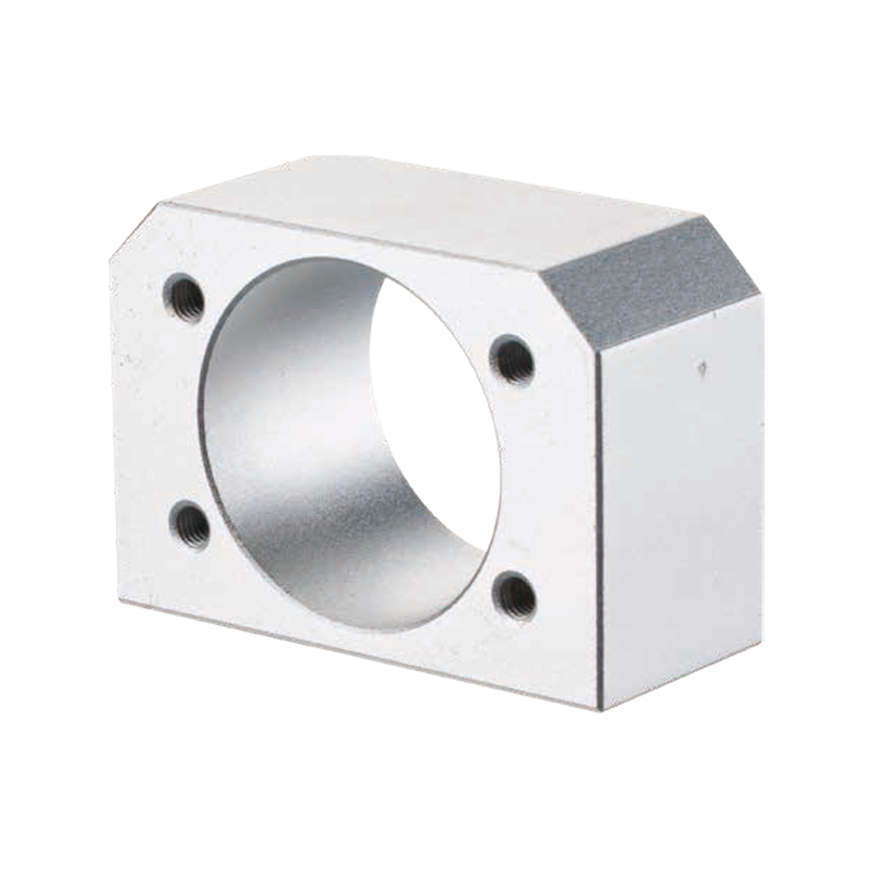 BSG DSG series aluminum ball screw nut housing with central bore and threaded mounting holes, used to secure ball screw nuts in CNC machinery and linear motion systems.