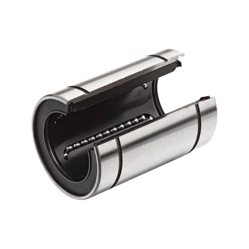 LM OP UU open type linear bearing with cutaway structure, designed for supported round shaft guide systems and industrial linear motion applications.

