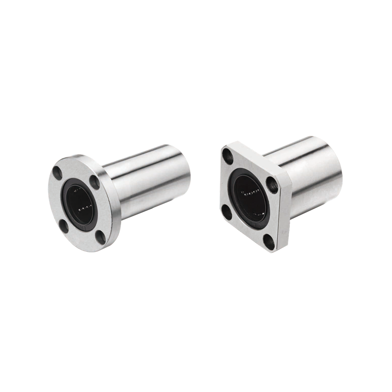 LMF UU circular flange and LMK UU square flange linear bearings with mounting holes, designed for smooth round shaft linear motion in automation equipment.