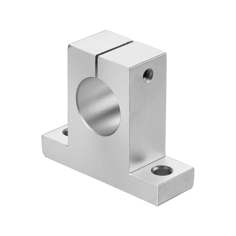 SK series aluminum vertical shaft support with round bore, base mounting holes and locking screw hole, designed for linear shaft support in automation equipment and linear motion systems.