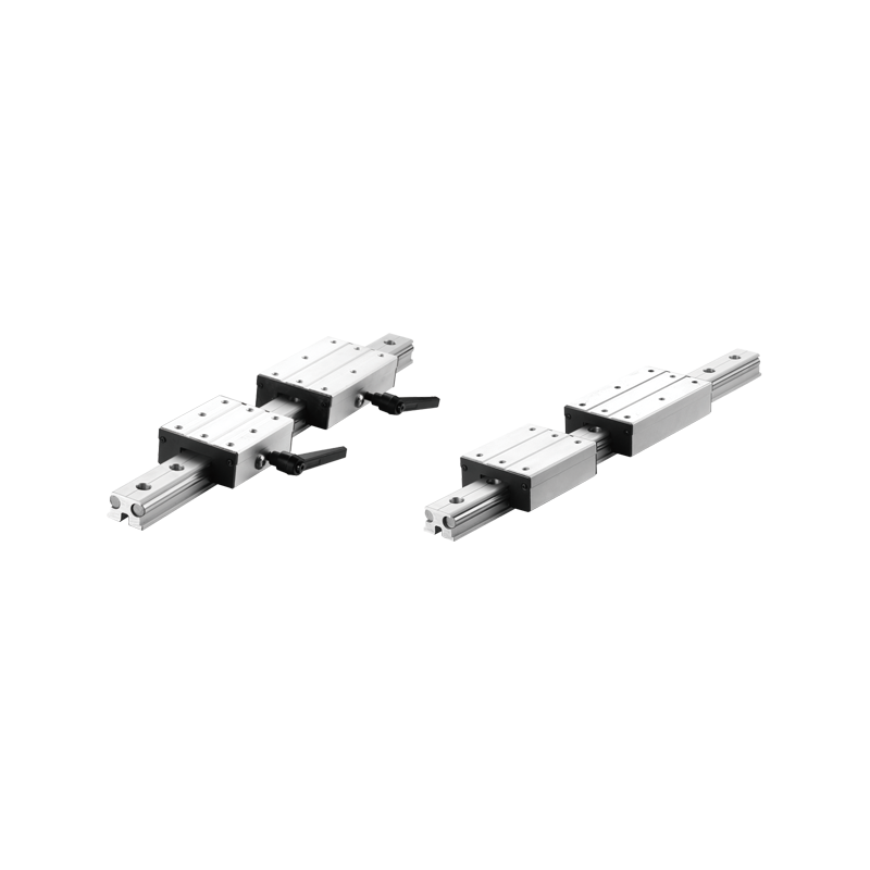 External type LGD series roller guide with sliding carriages and adjustable handles, designed for smooth roller linear motion in automation equipment and industrial machinery.
